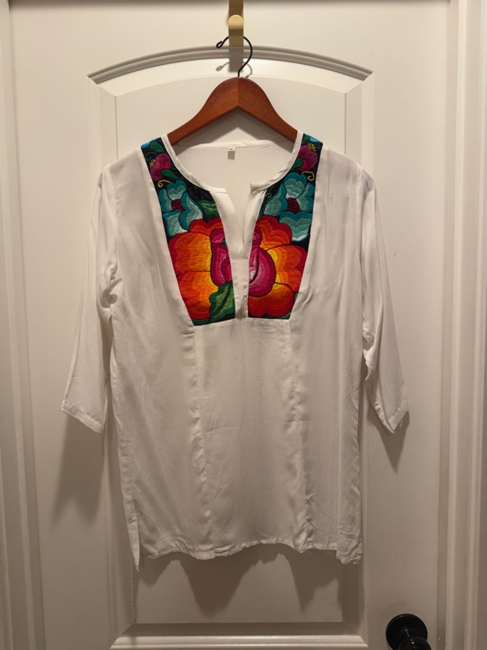 Women's White Embroidered Split-Neck Top with Multicolor Floral Panel